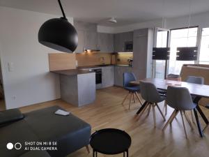City Appartement Wien-Schwechat في سخويشات: مطبخ وغرفة طعام مع طاولة وكراسي