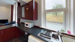 a small kitchen with a sink and a window at Spacious Apartment Sleeps 6 in Rochester