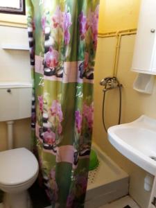 a bathroom with a toilet and a shower curtain at Sol e Mar Sea Side View Guesthouse in Perama