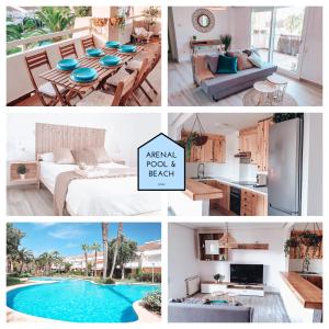 a collage of pictures of a living room and a pool at Apartamento Arenal pool and beach Jávea a 1 calle de la playa del Arenal in Jávea
