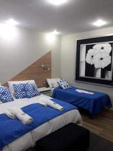 2 Betten in einem Zimmer mit blauen und weißen Kissen in der Unterkunft Hotel Iris in Salta