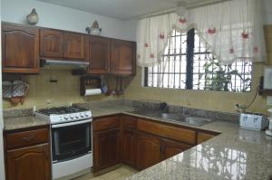 een keuken met houten kasten, een fornuis en een wastafel bij Totumas Lodge in Panama-Stad