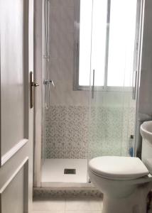 a bathroom with a shower and a toilet at Bright Apartment steps from Plaza de Toros and Wizink Center in Madrid