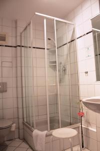 La salle de bains est pourvue d'une douche avec une porte en verre. dans l'établissement Hotel Deutscher Hof, à Mannheim