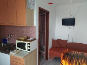 a kitchen with a couch and a microwave on a counter at Apartments Šudić in Njivice