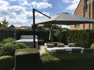 a patio with an umbrella and chairs and a pool at Le fond d'Or in Borgloon
