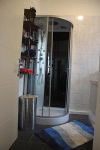 y baño con ducha y puerta de cristal. en FeWos im alten Bahnhof, en Lauterecken