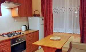 uma pequena cozinha com um fogão e um frigorífico em Apartament TwojaNoc em Mielec