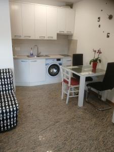 a kitchen with a table and a washing machine at Apartma ROK in Ankaran