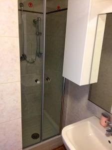a shower with a glass door next to a sink at Appartamento Guercino in Cento