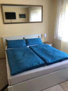 1 dormitorio con 1 cama con sábanas azules y espejo en Ferienwohnung Appartement in Rheinbrohl, en Rheinbrohl
