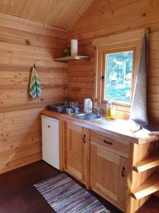 una cocina con fregadero en una cabaña de madera en Camping Noras en Mērsrags