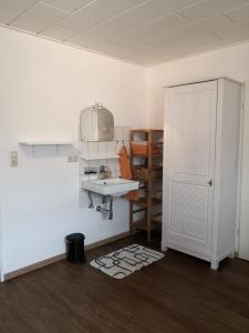 a bathroom with a sink and a mirror and a door at Ostfriesisches Landhaus in Wittmund