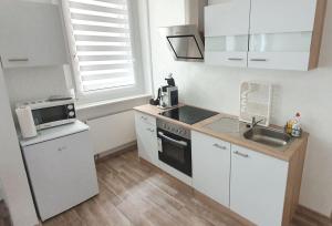 uma pequena cozinha com armários brancos e um lavatório em H-Apartment 2 em Triberg