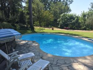 a swimming pool with chairs and an umbrella at Les volets lavande in Aubignan