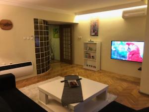 a living room with a couch and a tv on a wall at Central apartment with city view in Prizren