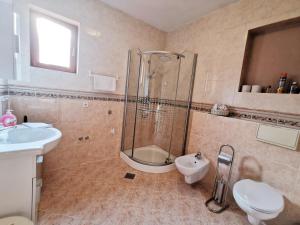 a bathroom with a shower and a toilet and a sink at Apartment Arena Zagreb in Zagreb