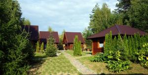 a group of houses in a yard with trees at PokojeKajaki DD Swornegacie in Swornegacie 