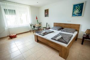 1 dormitorio con 1 cama, mesa y sillas en Virágos vendégház, en Keszthely