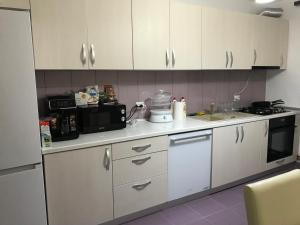 a kitchen with white cabinets and a microwave at Casa Larisa in Chişcău