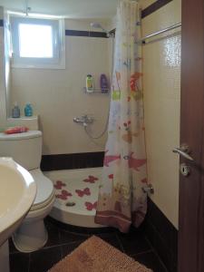 uma casa de banho com um WC e uma cortina de chuveiro em Konba luxury mini apartment em Tessalônica