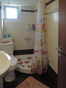 Un baño con inodoro y cortina de ducha. en Konba luxury mini apartment, en Tesalónica 37 fotos más