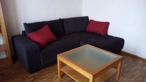 a black couch with two red pillows and a coffee table at Ferienwohnungen Jacqueline in Sankt Kanzian