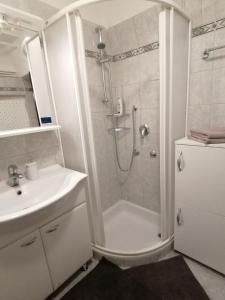 ein weißes Bad mit einer Dusche und einem Waschbecken in der Unterkunft Studio apartment Zagorka Tkalčićeva street in Zagreb
