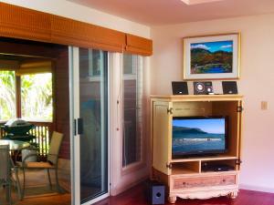 a living room with a television in a room at River Estate Riverhouse in Hanalei