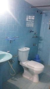 Baño azul con aseo y lavamanos en Alexmarie Guest house 5 min to candolim Beach, en Aguada