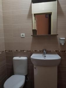 uma casa de banho com um WC, um lavatório e um espelho. em Apart-studio Dreamtime em Chisinau