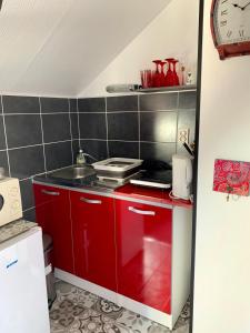 uma pequena cozinha com armários vermelhos e um lavatório em Appartement des Petits Princes em Valençay