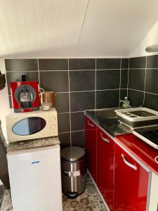 una pequeña cocina con fregadero y armarios rojos en Appartement des Petits Princes, en Valençay