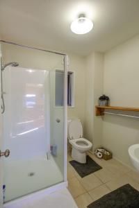 a bathroom with a shower and a toilet and a sink at Journeys end in Raglan