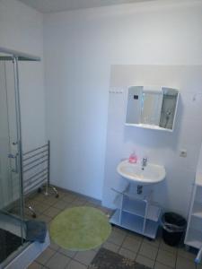 ein Bad mit einem Waschbecken und einer Dusche in der Unterkunft Zimmervermietung Schönfließer Stuben auch für Monteure in Eisenhüttenstadt
