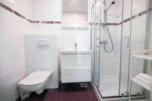 bagno bianco con doccia e servizi igienici di Sobe Meta a Brezje