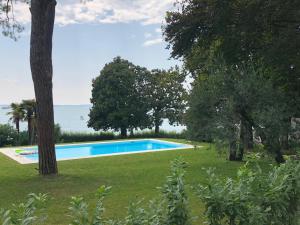 a swimming pool in the middle of a yard with trees at Appartamenti Villa Andrea in Garda