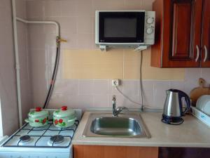 eine Küchentheke mit einer Spüle und einer Mikrowelle in der Unterkunft Apartment on Livoberezna metro station in Kiew