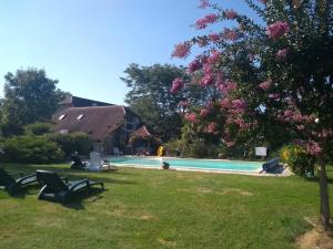 a swimming pool in a yard with chairs in the grass at Domaine Oustau Cassou Chez Yanou et Yanetto in Sévignac-Thèze