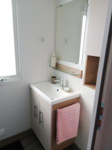 W łazience znajduje się umywalka i lustro. w obiekcie Camping Officiel Siblu Domaine de Litteau w mieście Litteau