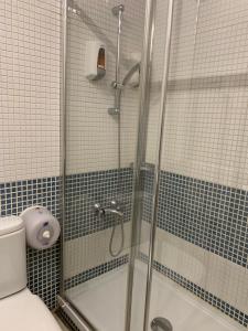 a bathroom with a shower and a toilet at Hotel Castillo El Burgo in El Burgo Ranero +23 photos