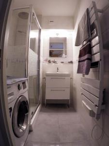 a bathroom with a sink and a washing machine at Studio plein sud, Wifi, Parking in Thollon