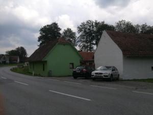 a green and white house and a car parked on the side of a road at Haus Alexander in Hart bei Graz +3 photos