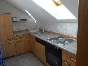 kuchnia z kuchenką, zlewem i oknem dachowym w obiekcie Appartementhaus Novak w mieście Mariapfarr