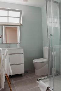 a bathroom with a toilet and a glass shower at T1 central e calmo, moderno e acolhedor em Coimbra - Self check in in Coimbra