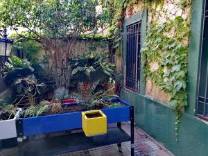 a blue bench with plants in it next to a building at Casa con vistas in Barcelona