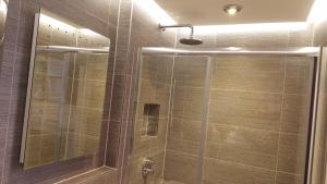 a bathroom with a shower with a glass door at Red Brighton Blue in Brighton & Hove