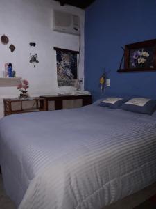 1 dormitorio con cama blanca y pared azul en Hospedaje San Cayetano en Colonia Carlos Pellegrini