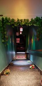 a dark room with a green wall and a hallway at Casa Reina Palermo Queens in Buenos Aires