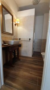 bagno con lavandino, specchio e doccia di DOMU NOSTA di Giulio & Ignazia Room2 a Santa Luria